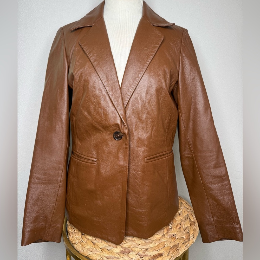 Rem Garson Blazer Brown Leather Jacket Collared Tailored Vintage outerwear lined